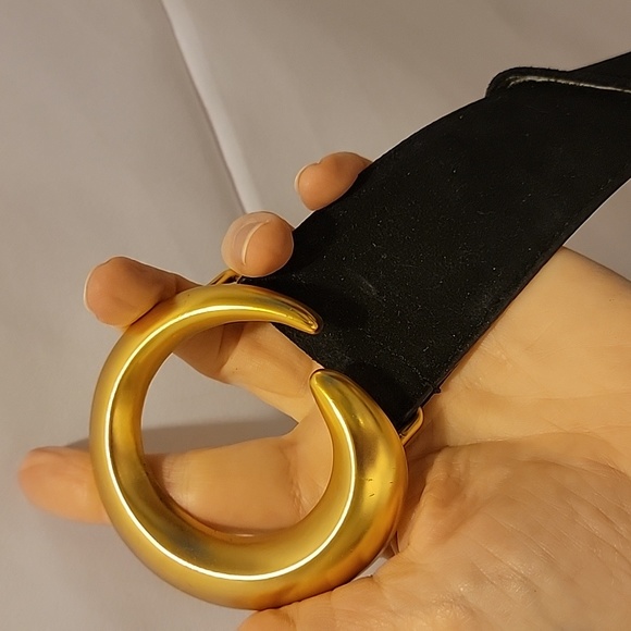 Vintage Wide Tracy Maxwell Black Gen Pig Suede Belt Gold Tone Buckle GUC Large - Picture 10 of 16